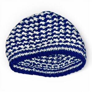 Apres Ski Hand Knit Blue & White Beanie Warm Soft Womens Kids Winter Artisan Hat